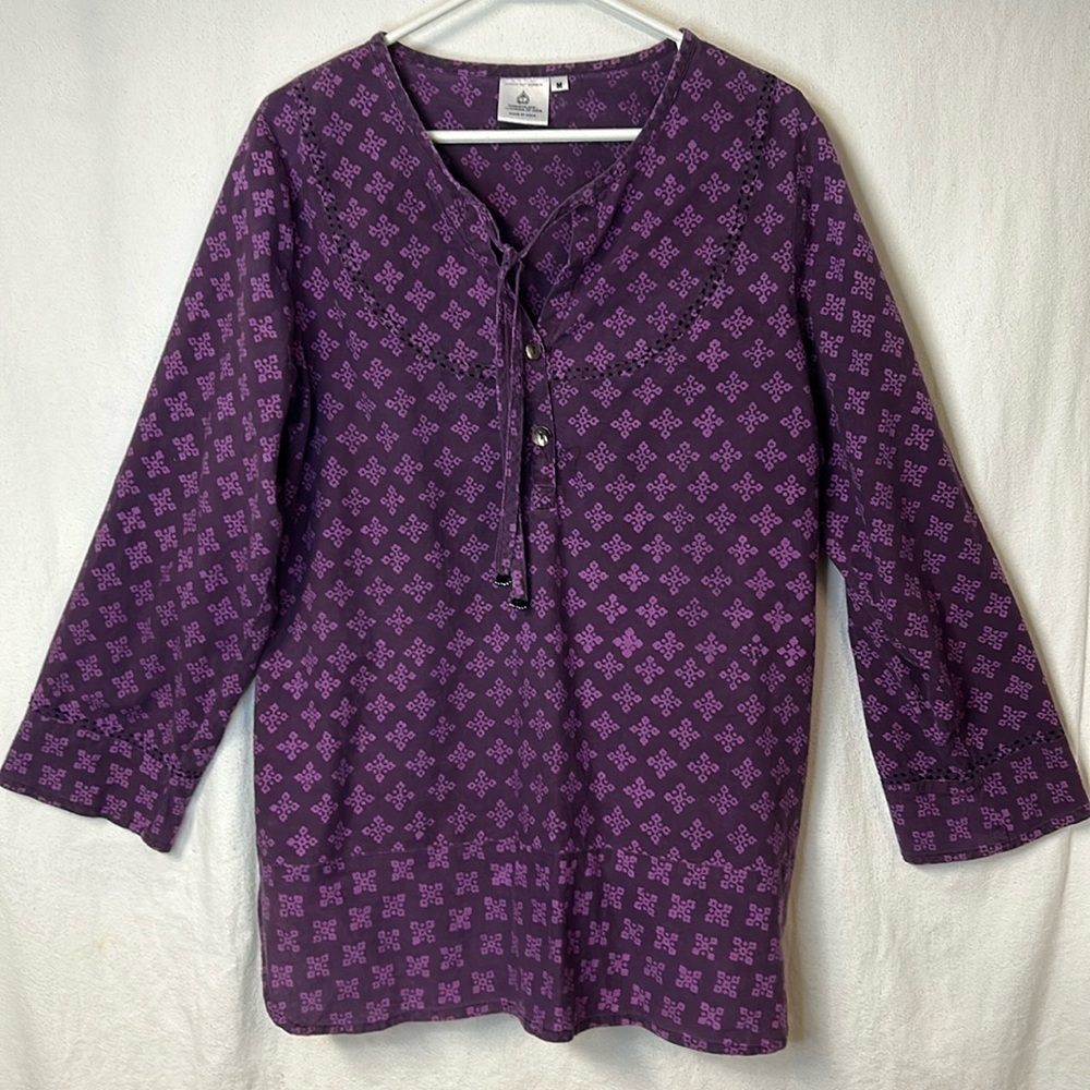 MarketPlace Women’s Tunic Size M Purple Tie with Button Front 100% Cotton Boho